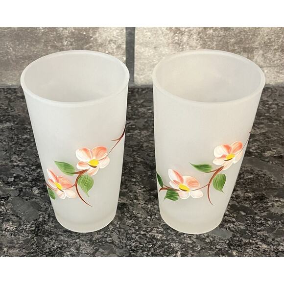 (2) Vintage Hazel Atlas Handpainted Cherry Blossom Frosted Drinking Glasses - Picture 2 of 6
